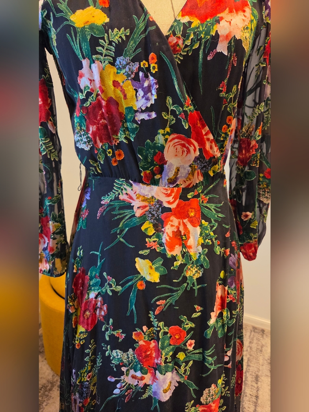 Alice + Olivia Black Floral Wrap Midi Dress with Red & Green Accents, Size 4. - Picture 13 of 16